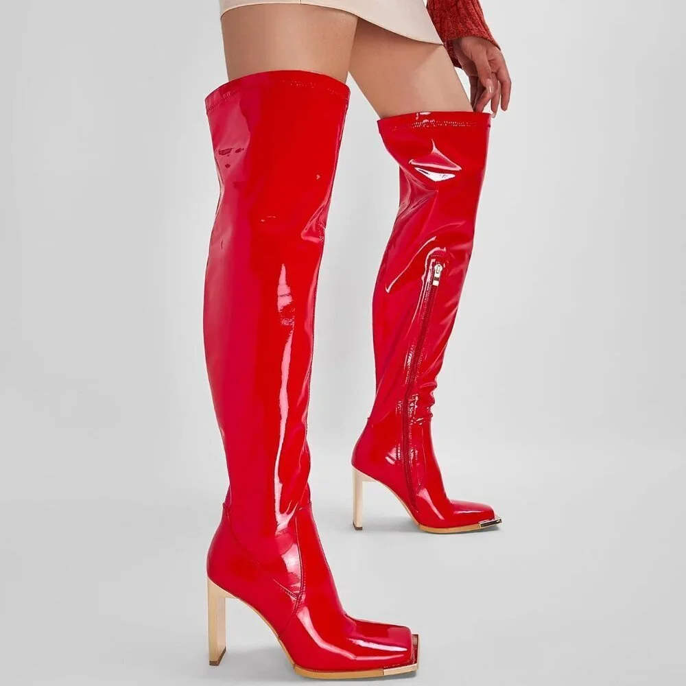 Women Qipired Synthetic Thigh High Latex Boots Square Toe Over The Knee Boots